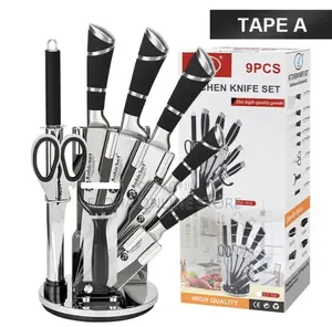 Stainless Steel Kitchen Knife Set With Rotating Black Stand