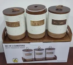 Set of 3 Ceramic Canisters With a Bamboo Base