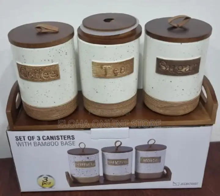 Set of 3 Ceramic Canisters With a Bamboo Base