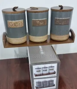 Set of 3 Ceramic Canisters With a Bamboo Base