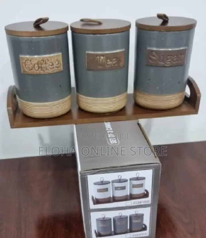 Set of 3 Ceramic Canisters With a Bamboo Base
