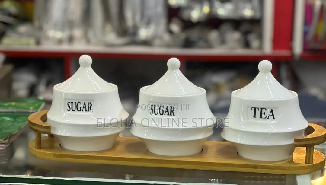 3 PCS Ceramic Cruets Sugar Tea Coffee on Bamboo Base
