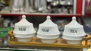 3 PCS Ceramic Cruets Sugar Tea Coffee on Bamboo Base