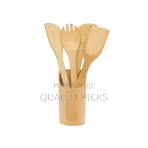 5 Pieces of Bamboo Cooking/ Serving Spoon Utensils-Brown