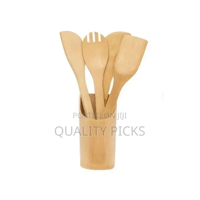 5 Pieces of Bamboo Cooking/ Serving Spoon Utensils-Brown