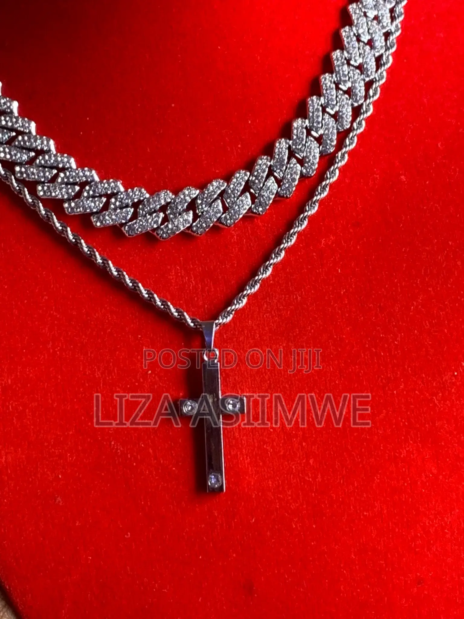 Iced Out Silver Cuban Link Chains With a Silver Crucifix