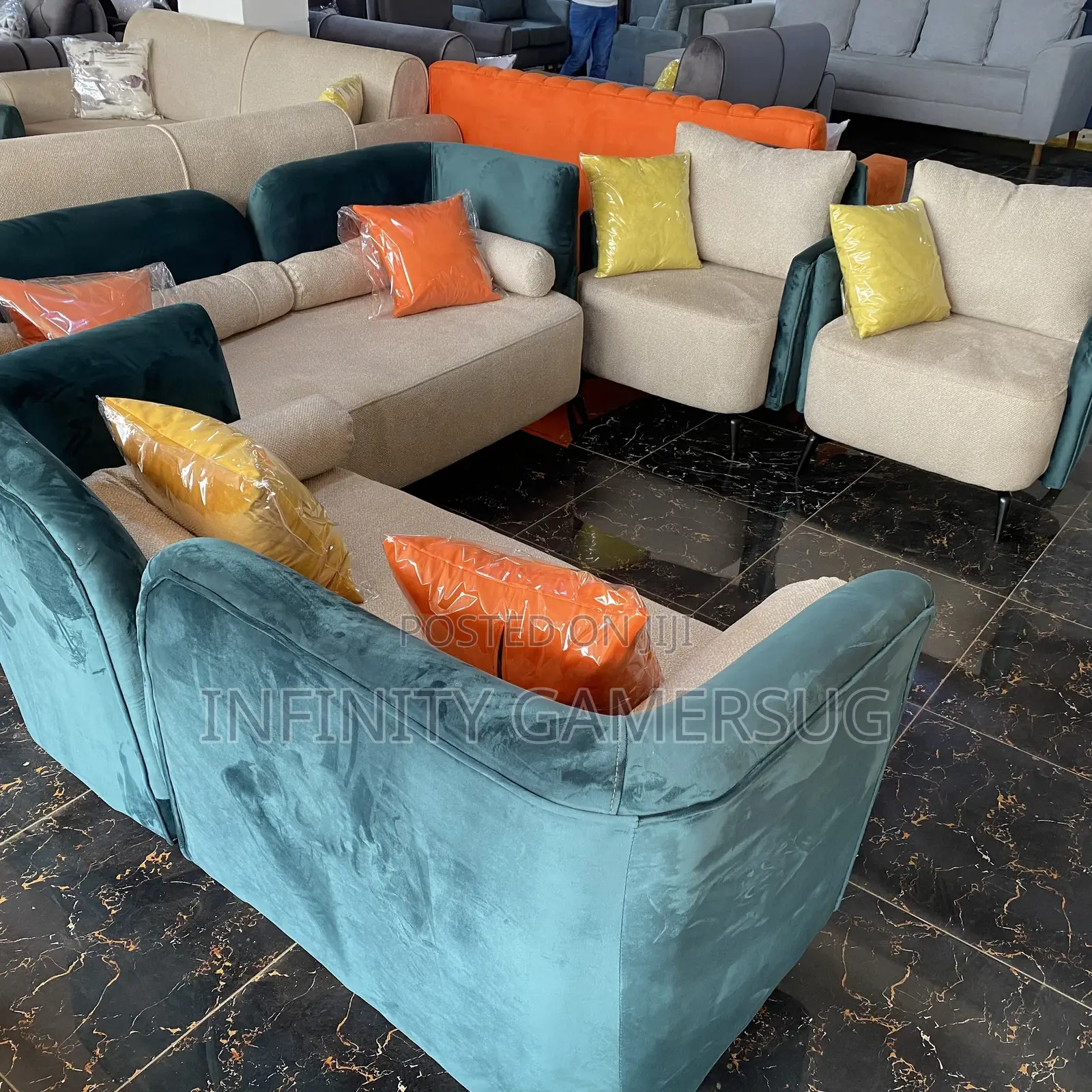 Unique Sofa Made of Good Timber in Cream Turquoise Color
