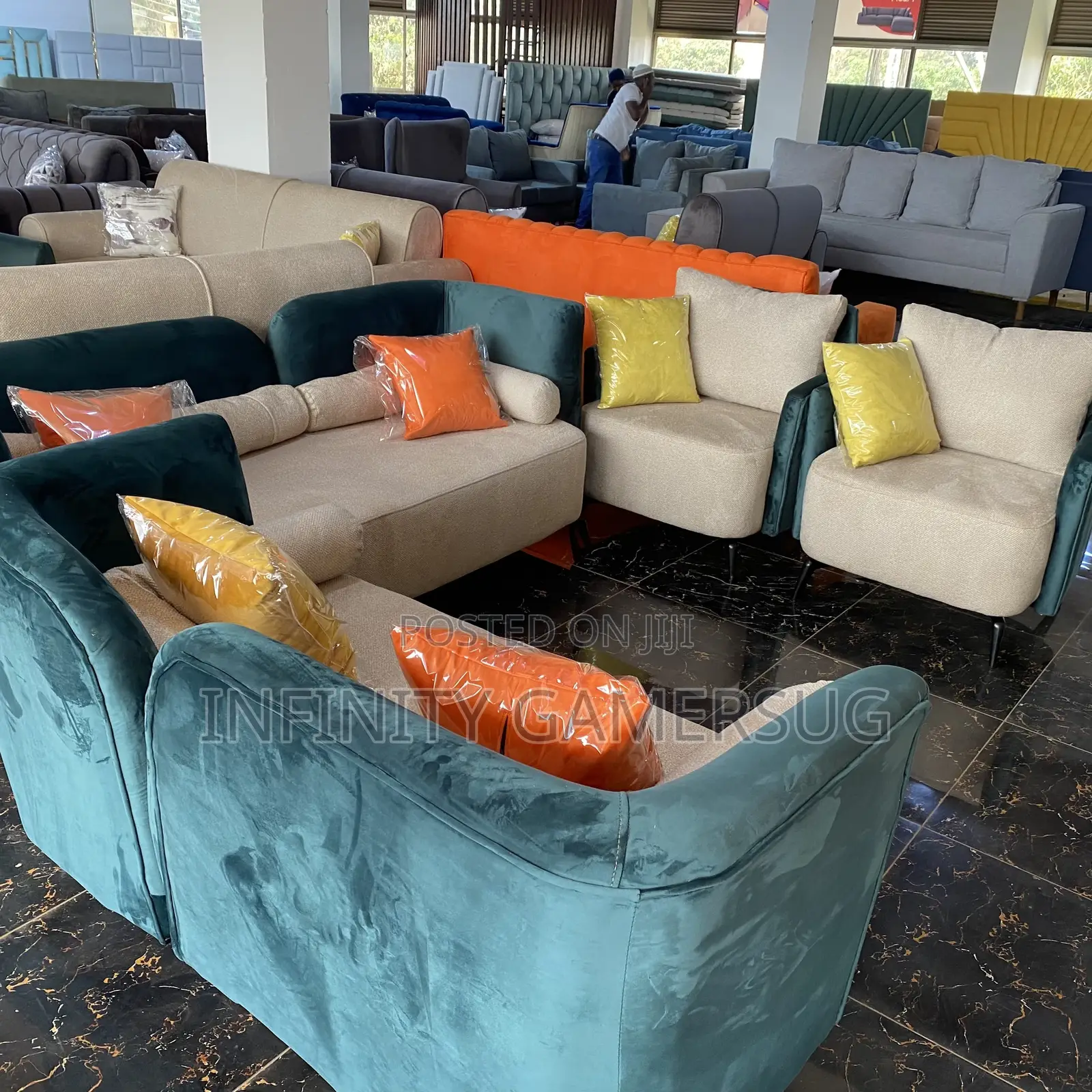 Unique Sofa Made of Good Timber in Cream Turquoise Color