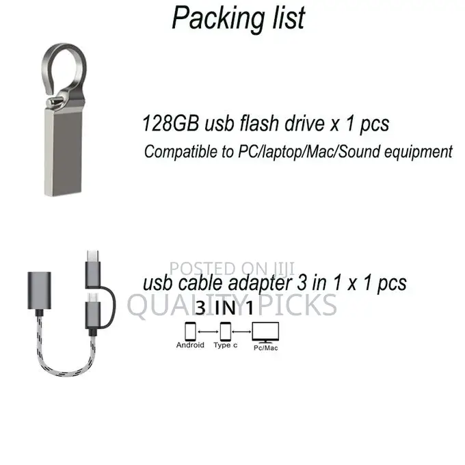 128 Gb Metal Usb Flash Drive Adapter Cable 2 in 1 Set
