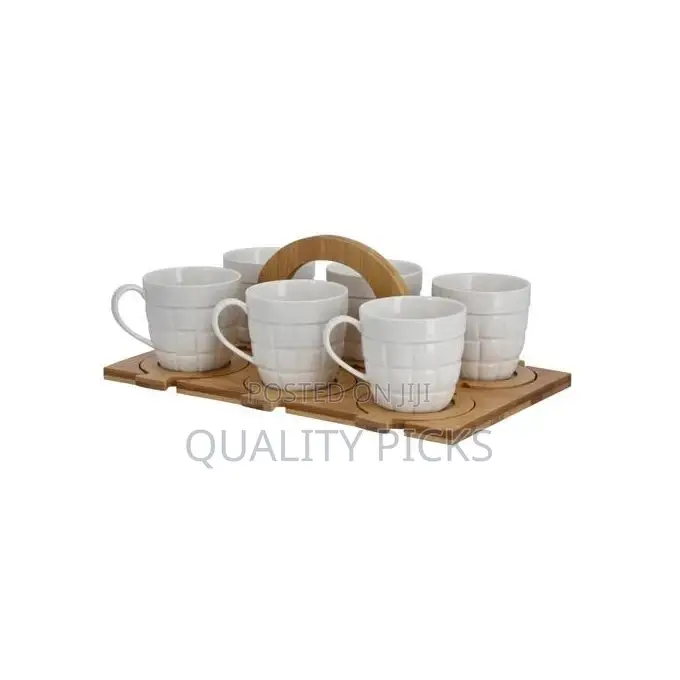 13 PCS Porcelain Coffee Tea Cup Set With Bamboo Saucers