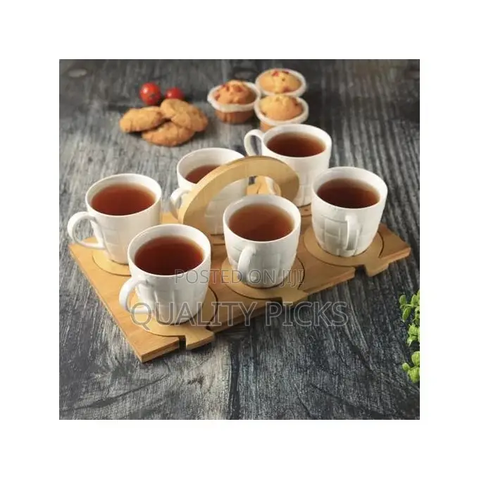 13 PCS Porcelain Coffee Tea Cup Set With Bamboo Saucers