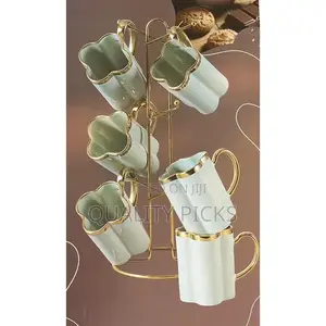 6 Piece Pumpkin Ceramic Cups Mugs Set With Golden Handle