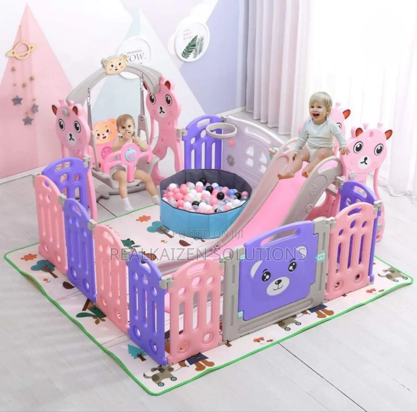 3-in-1 Children Combined Playset With Slide Swing Fence Mat