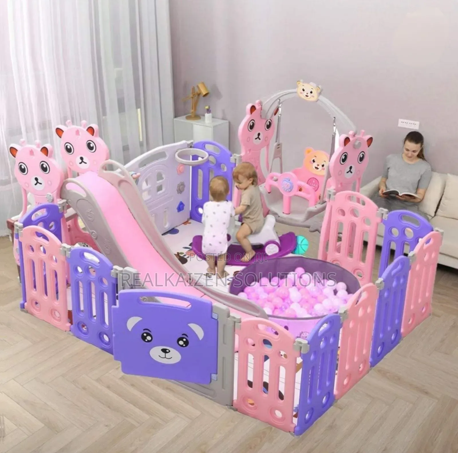 3-in-1 Children Combined Playset With Slide Swing Fence Mat