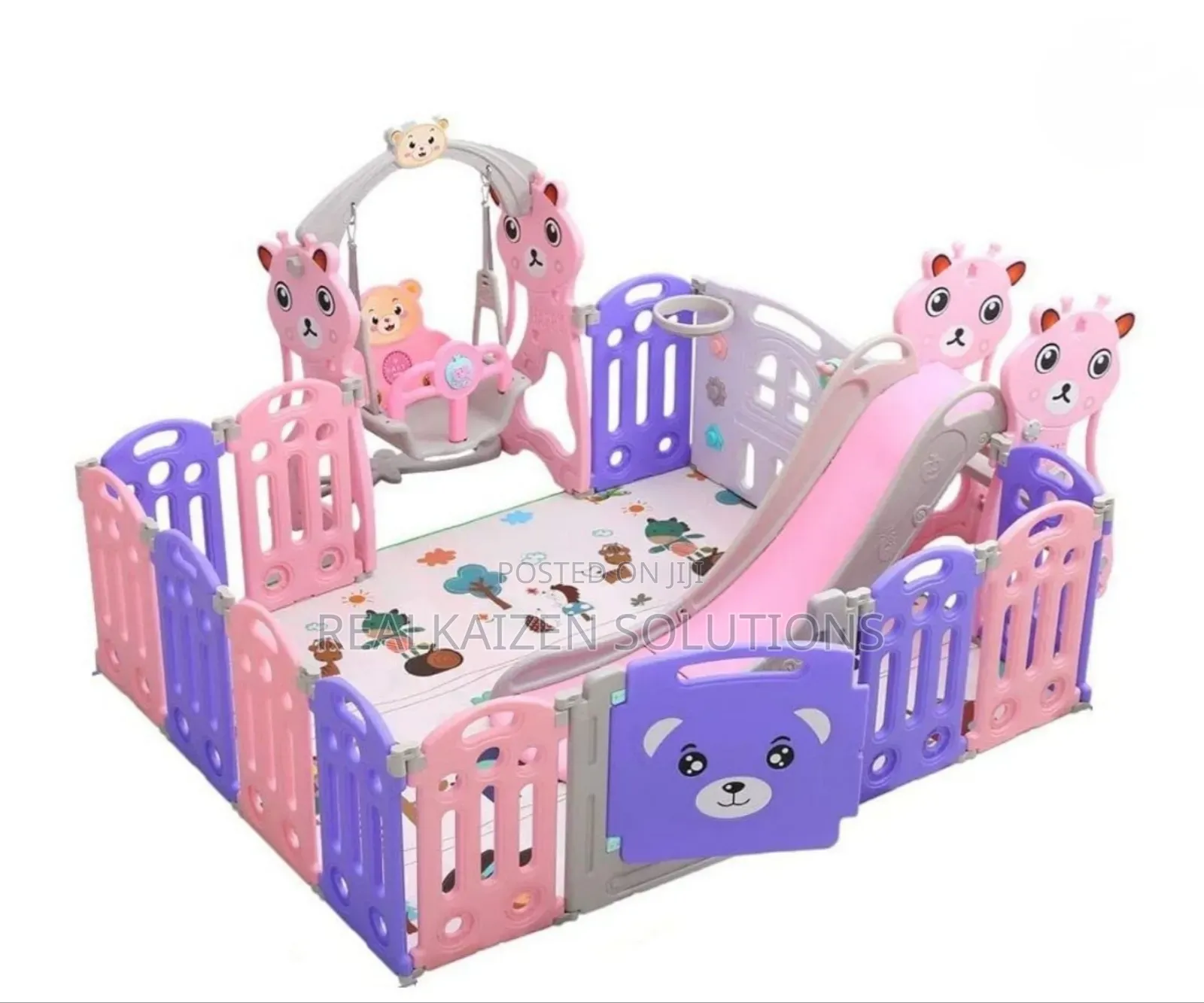 3-in-1 Children Combined Playset With Slide Swing Fence Mat