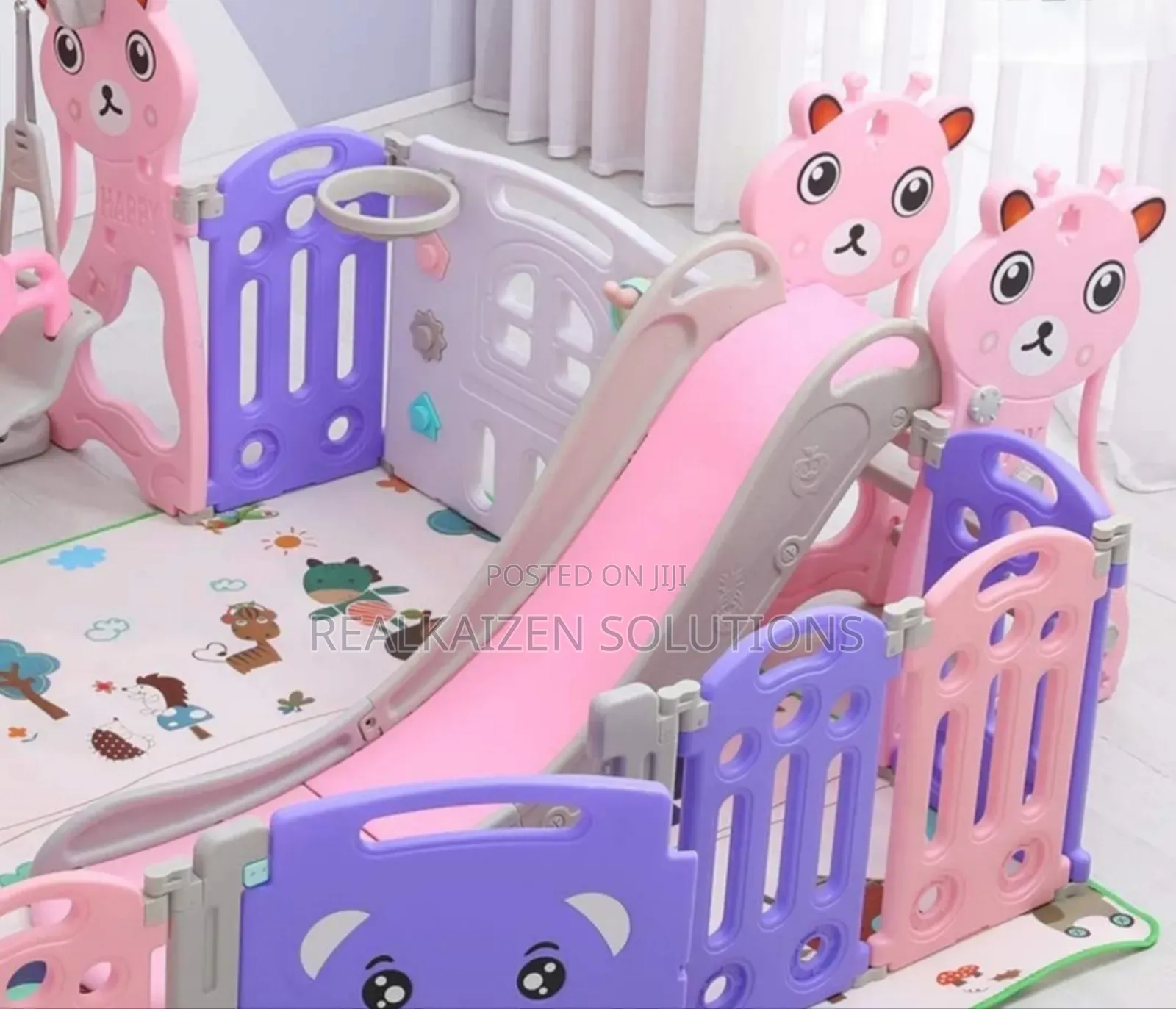 3-in-1 Children Combined Playset With Slide Swing Fence Mat