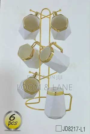White Gold Mugs 6pcs With Stainless Steel Rack