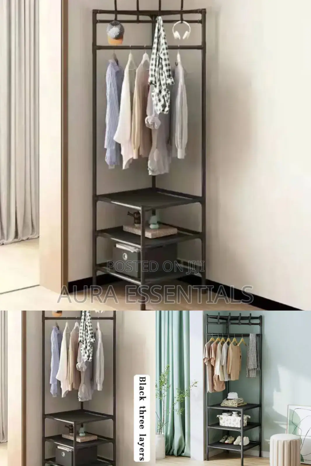 Black 3 Layer Corner Hall Tree Entryway Rack