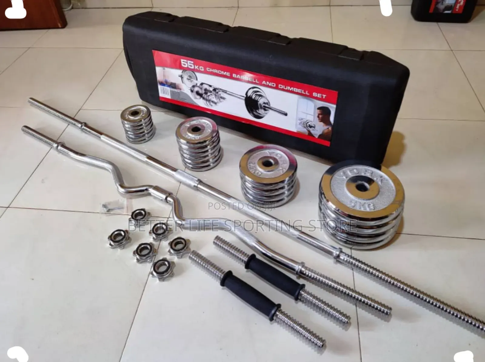 55 Kg Dumbbells Barbell, Curl Bar Box Set.(York)