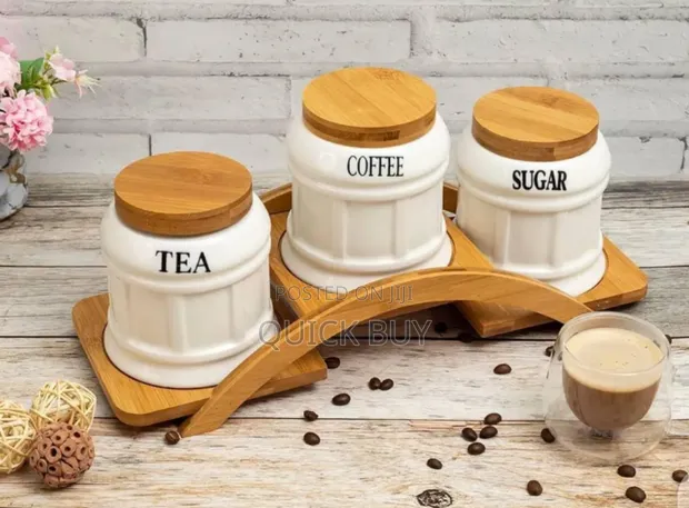 Beautiful Ceramic Tea,Coffee,Sugar Canister Set Wooden Arc in
