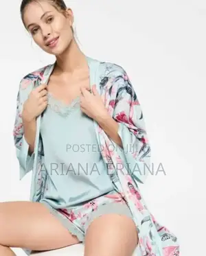 Photo - 3 Pieces Floral Print Satin and Lace Pajamas