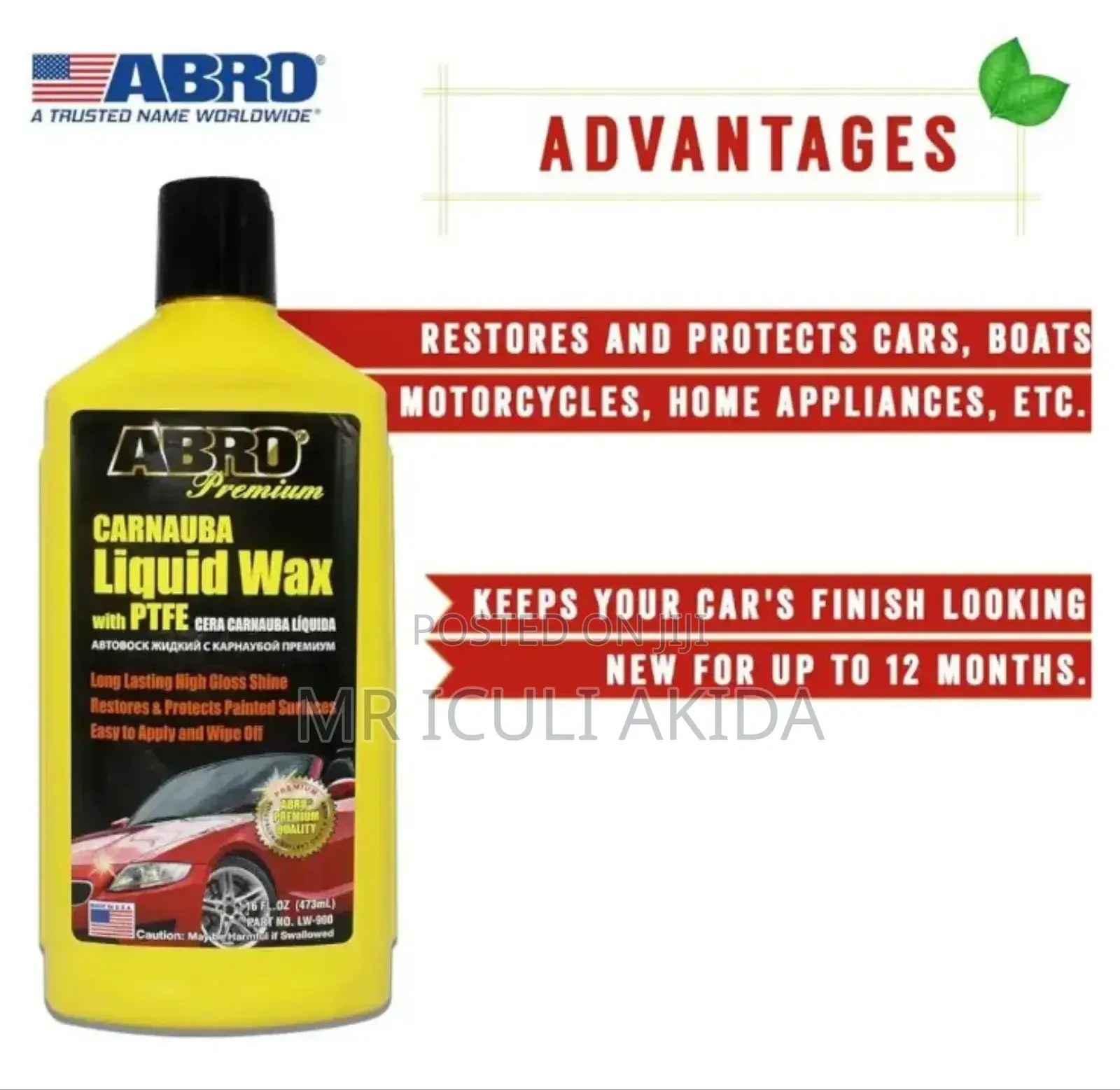 473ml Abro Car,Boat,Bike Cleanin Plastic Restorer Liquid Wax