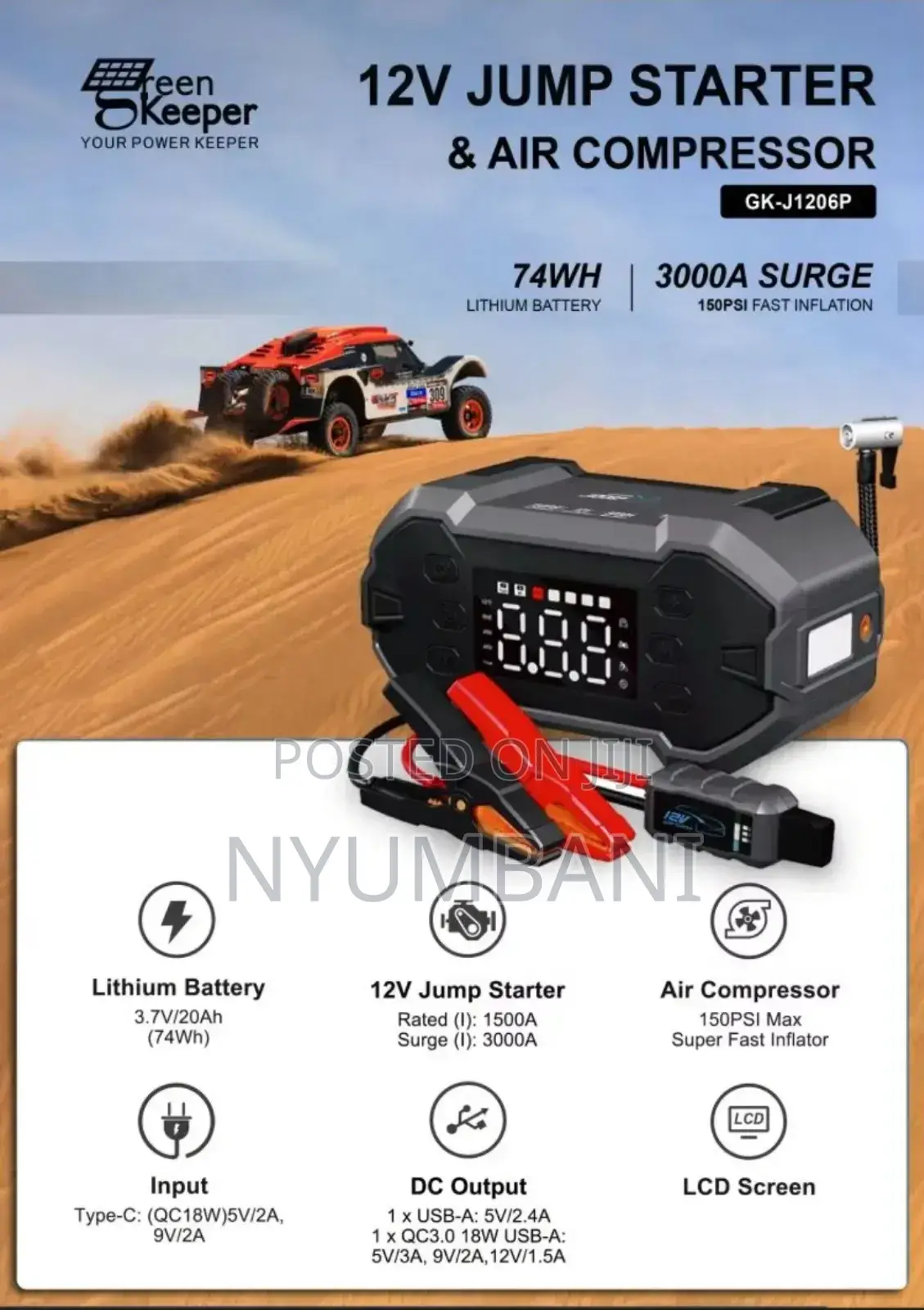 3 in 1 Car Jump Starter, Tyre Inflator and Power Bank