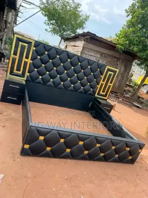 5by6 Black and Gold Leather Bed With Bedsides