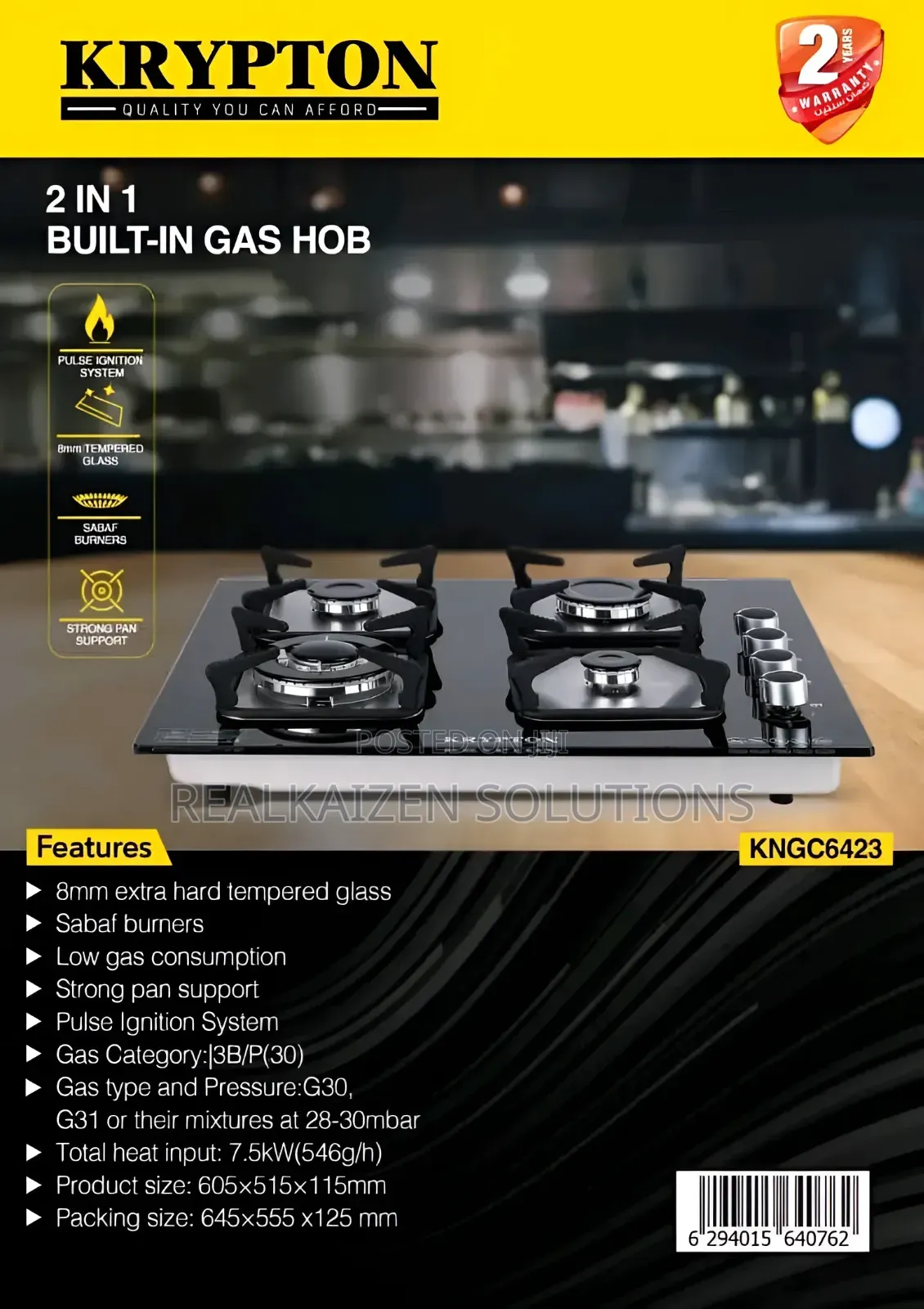 KRYPTON 2-in-1 Tempered Glass Built in Gas Hob Stove