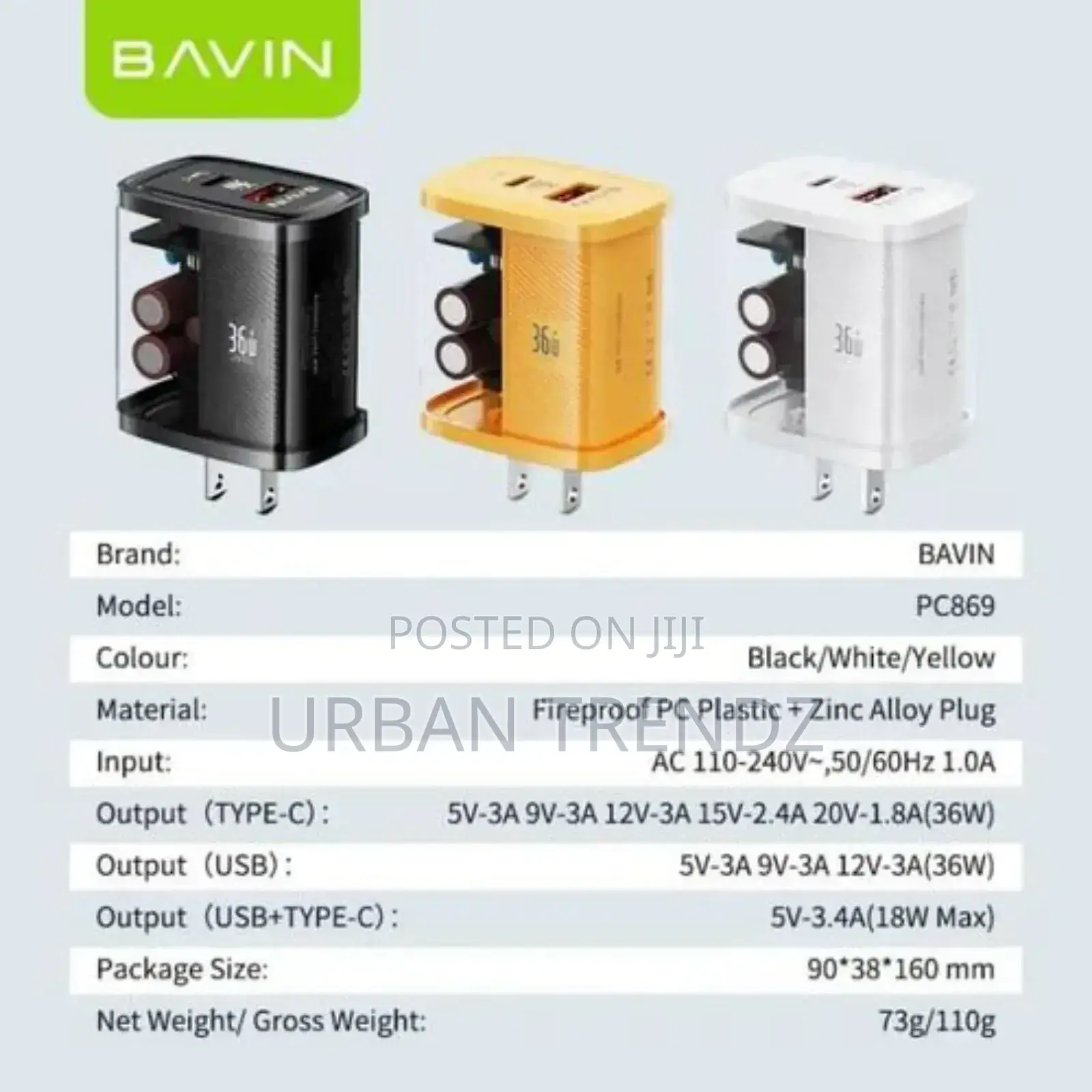 BAVIN Transparent 36W Quick Charge 3.0 With TYPE C USB