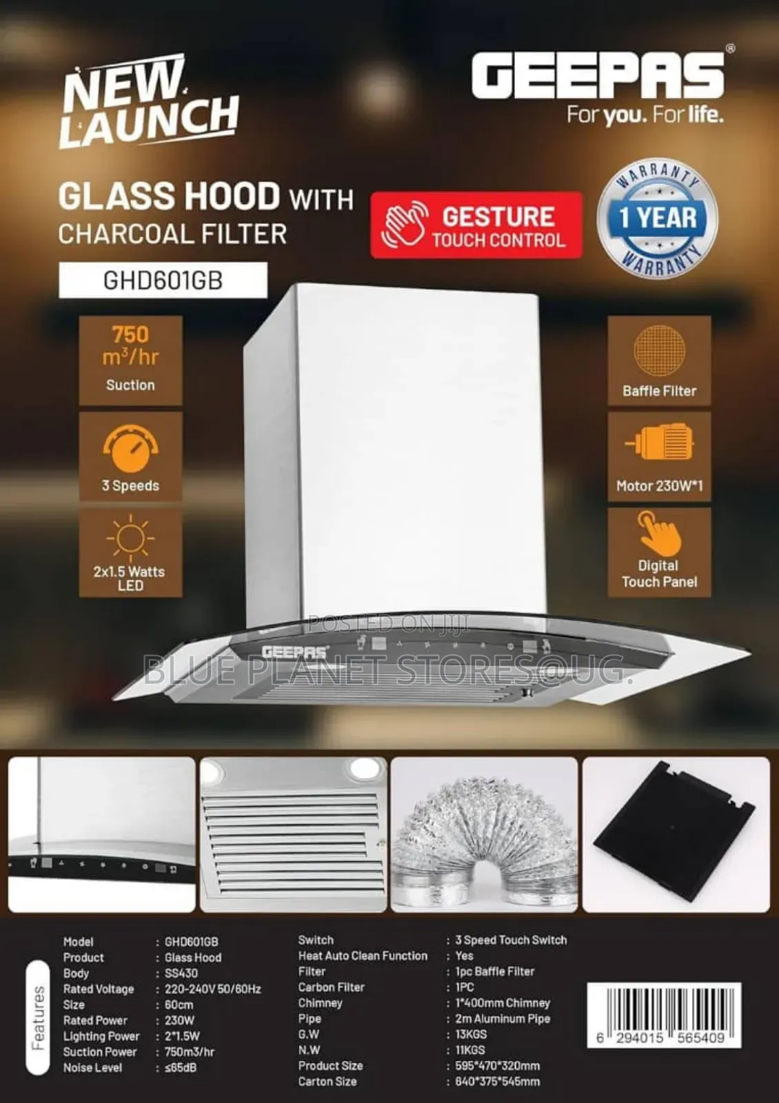 GEEPAS "60cm" Glass Curved Chimney Hoods \\ 230w \\ GHD601GB