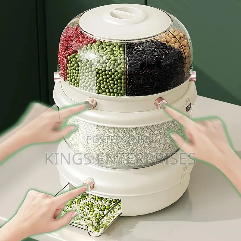 Rotating Double Layer Multifunctional Cereal Storage and Dispenser