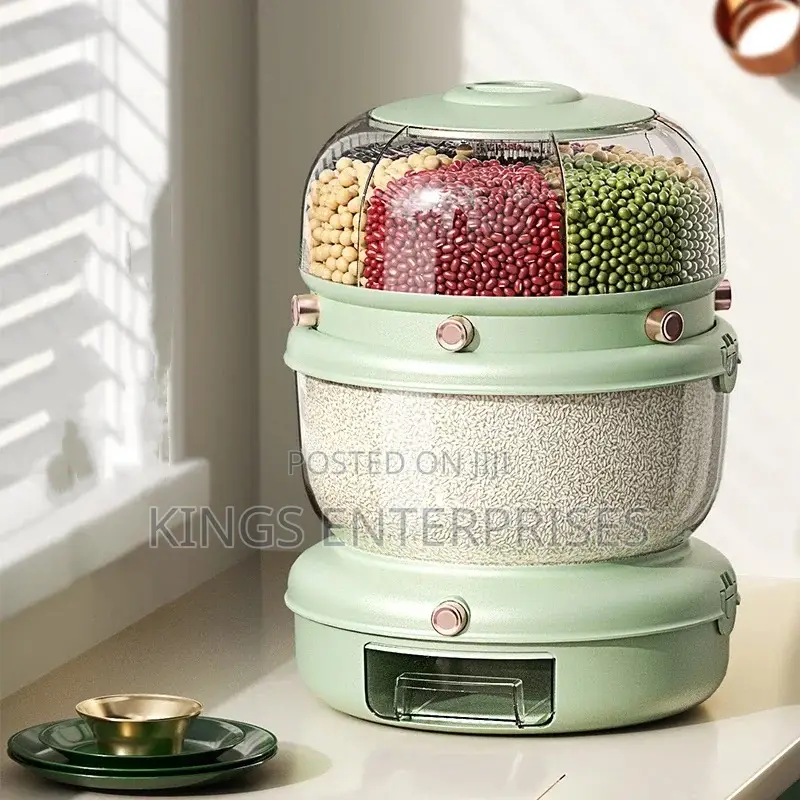 Rotating Double Layer Multifunctional Cereal Storage and Dispenser
