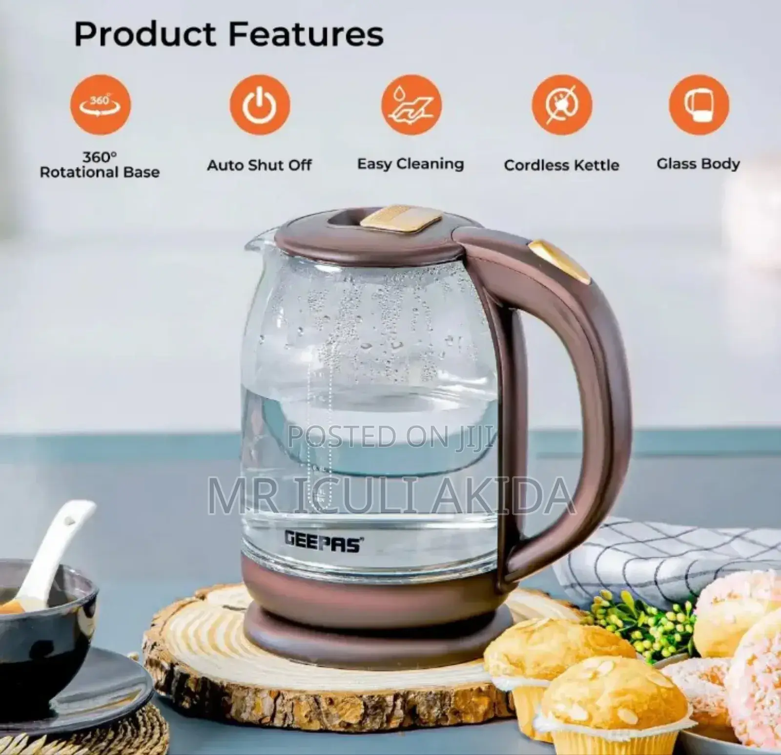 Geepas 1.8L Illuminating Electric Glass Kettle (Brown)