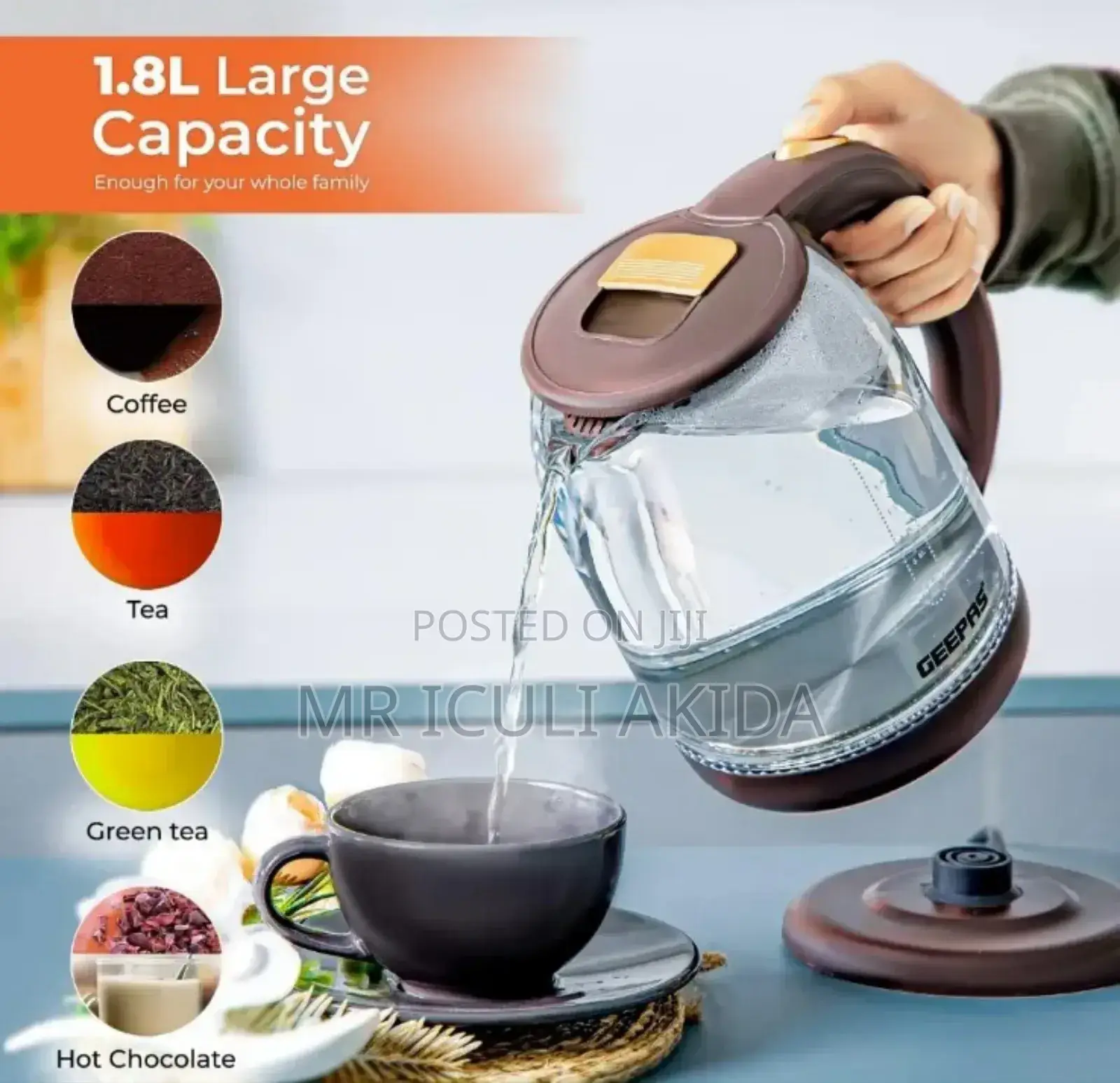 Geepas 1.8L Illuminating Electric Glass Kettle (Brown)