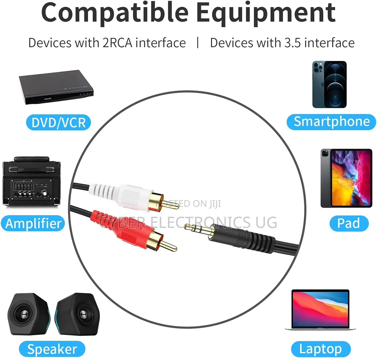 10m 3.5mm Aux to 2 Male RCA Cable Stereo Audio Cable