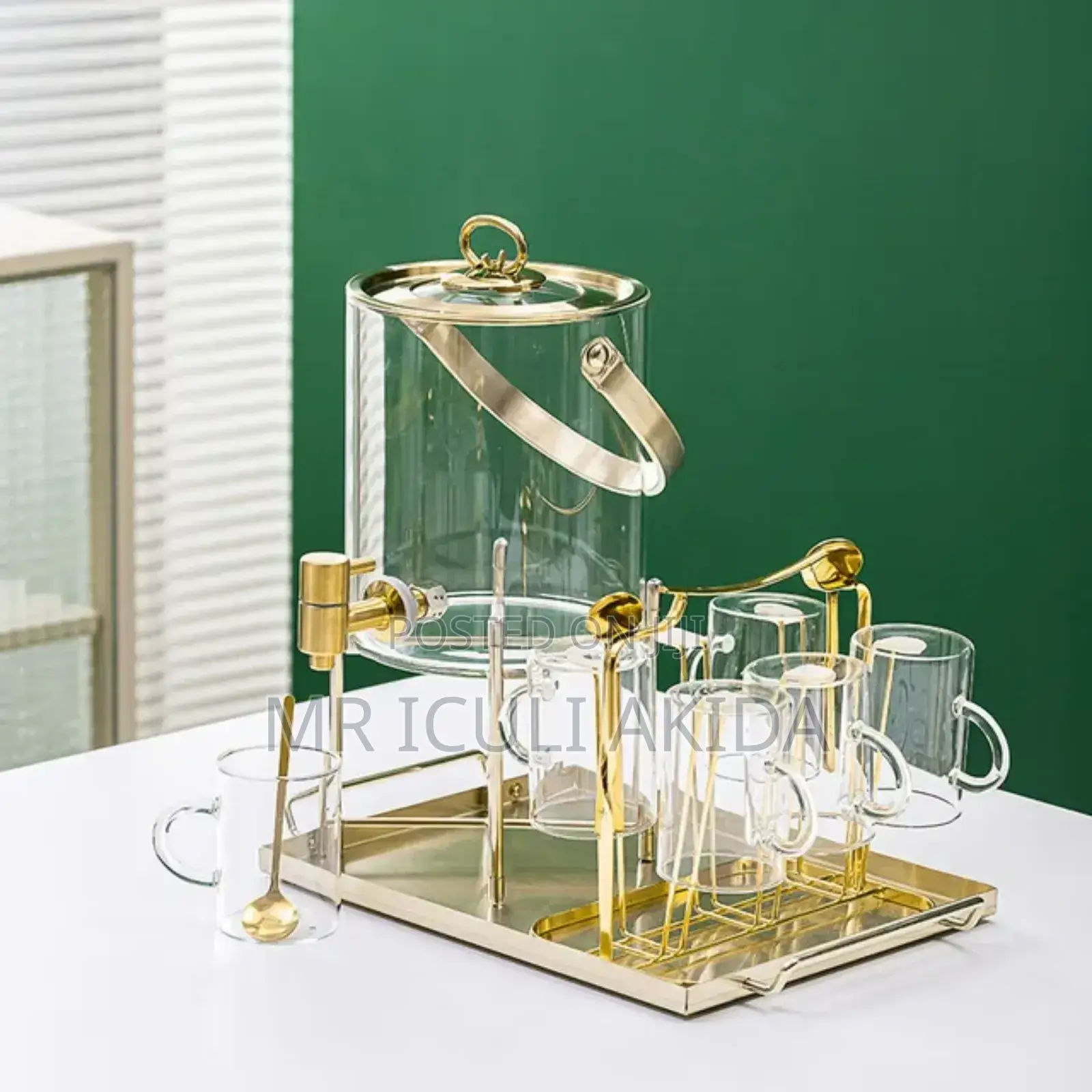 Cold Gold Glass Juice Tap Tank Dispenser WTH Tray 6cups