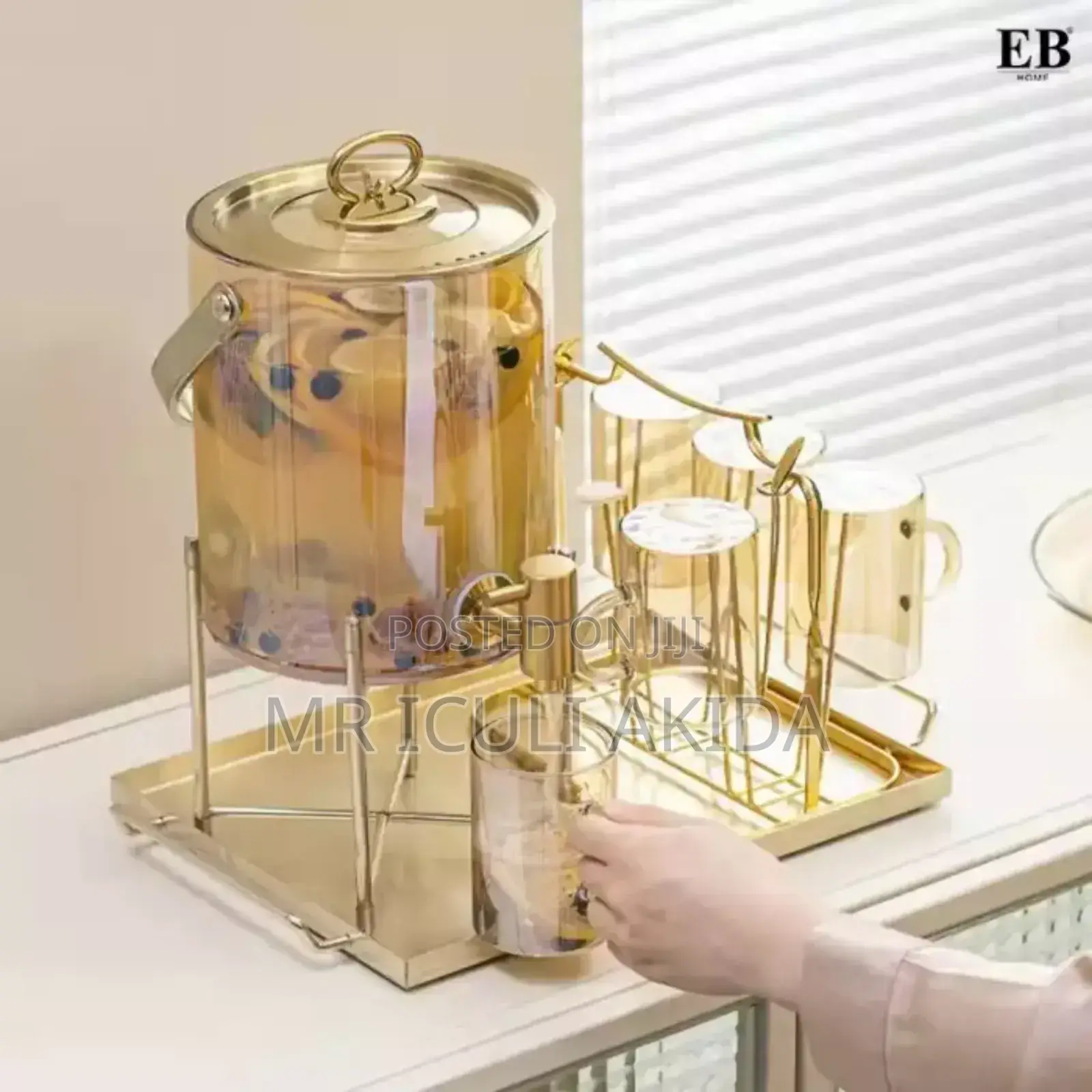 3L Glass Jug Juice Tap Dispenser Set WTH 6cups and Tray