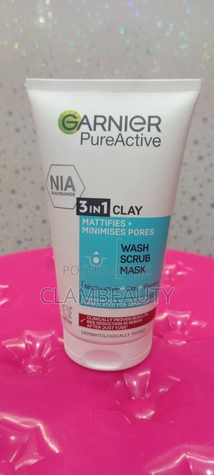 Garnier Pure Active 3 in 1 Clay Niacinamide Wash Scrub Mask.