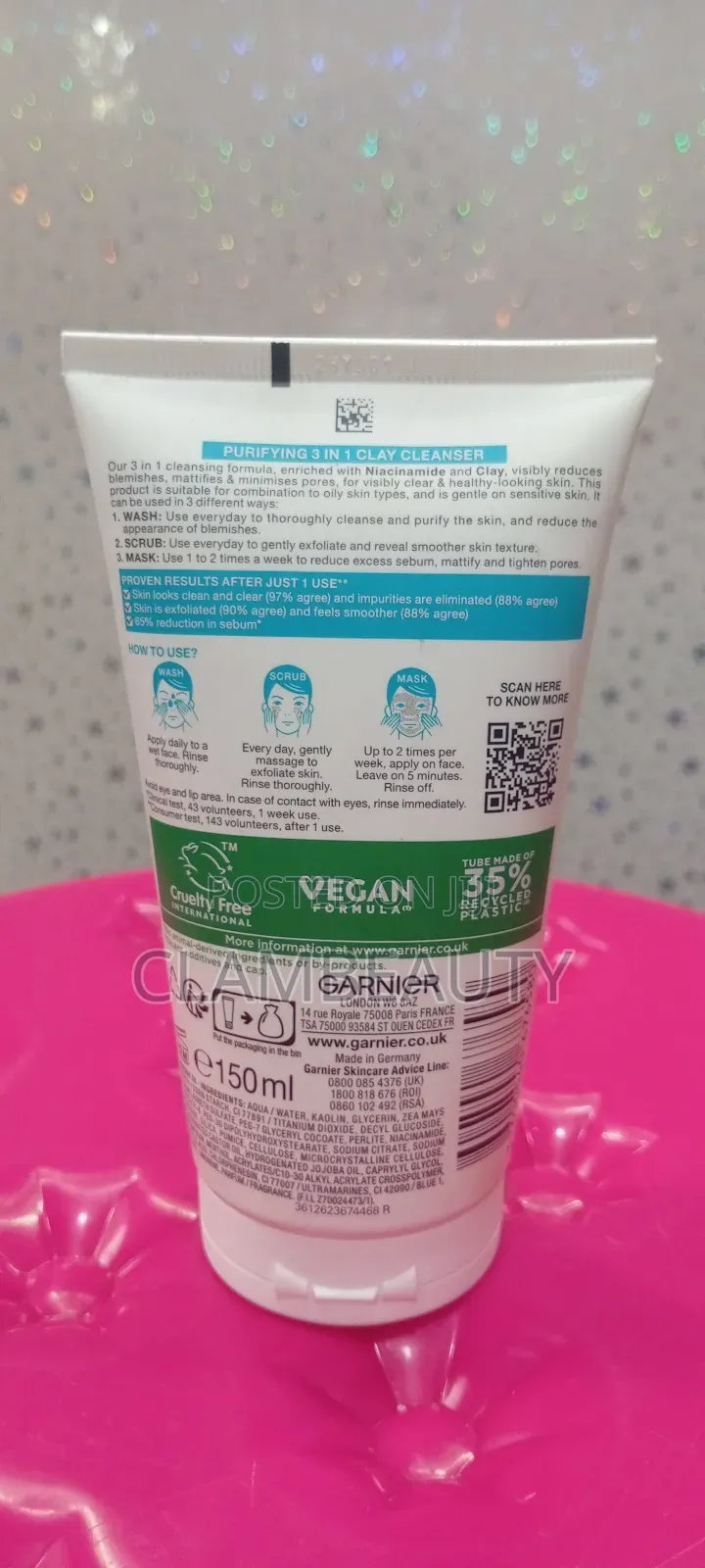 Garnier Pure Active 3 in 1 Clay Niacinamide Wash Scrub Mask.