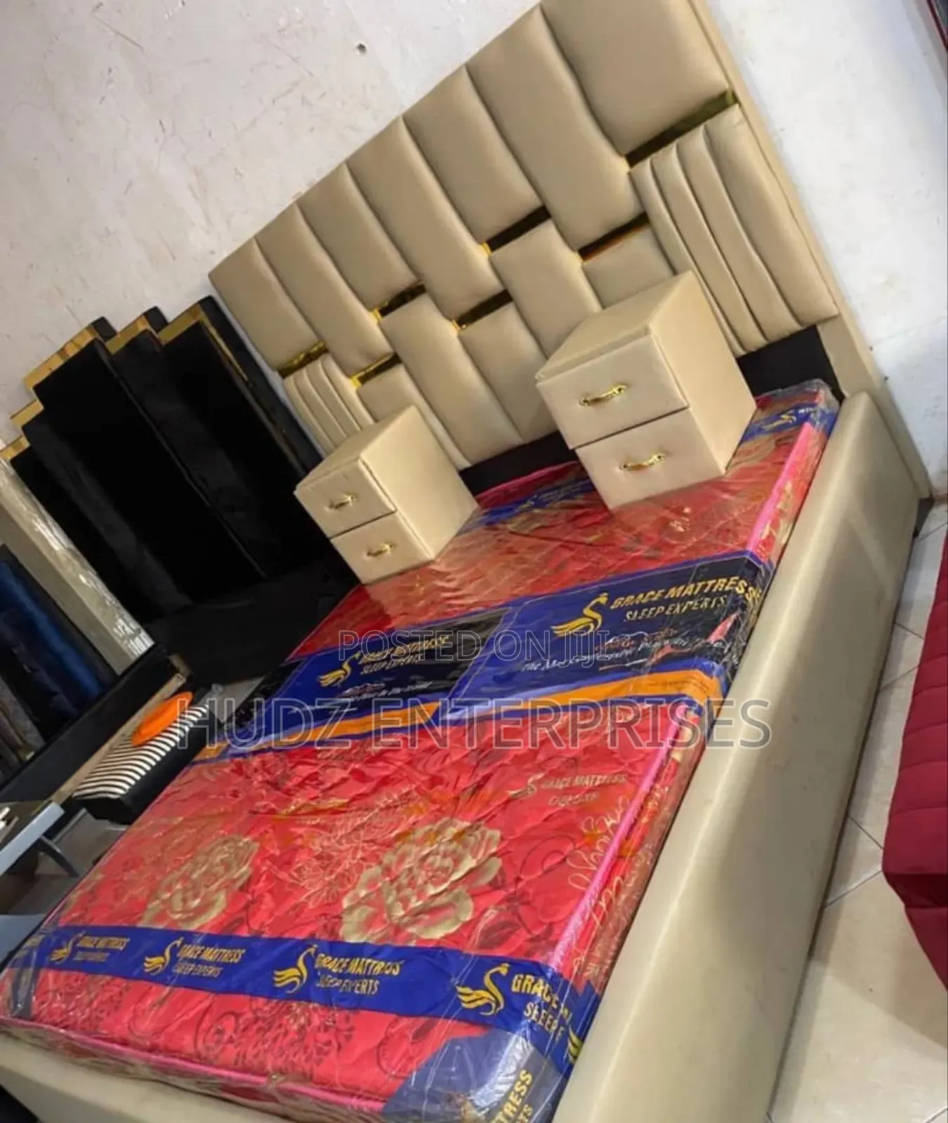 5x6 Cream Leather Dressed Bed With Bedsides