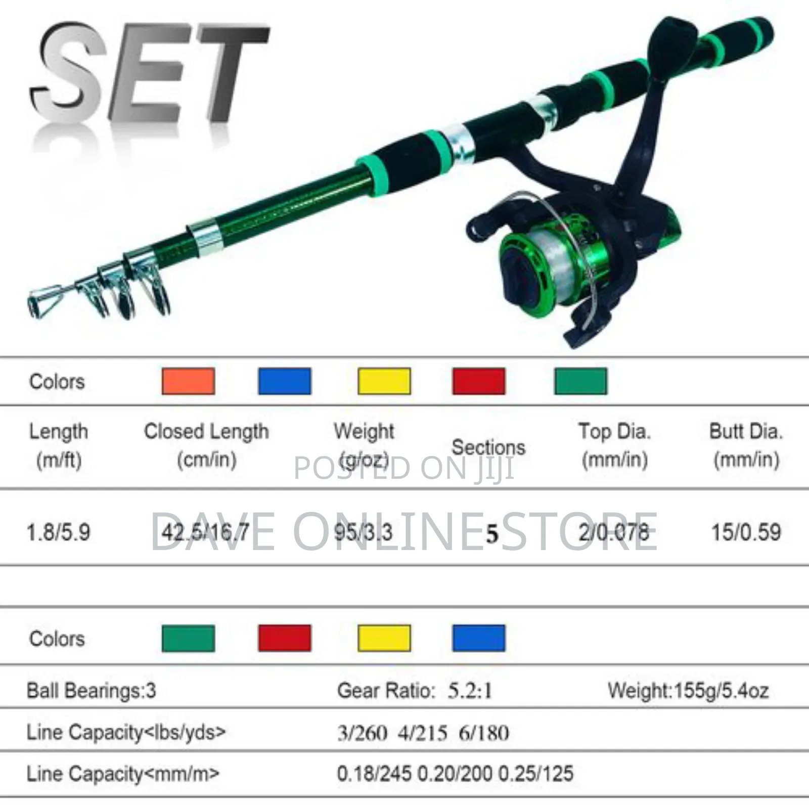 1.8M Fishing Rod and Reel Combo, Fishing Rod Kit - Green