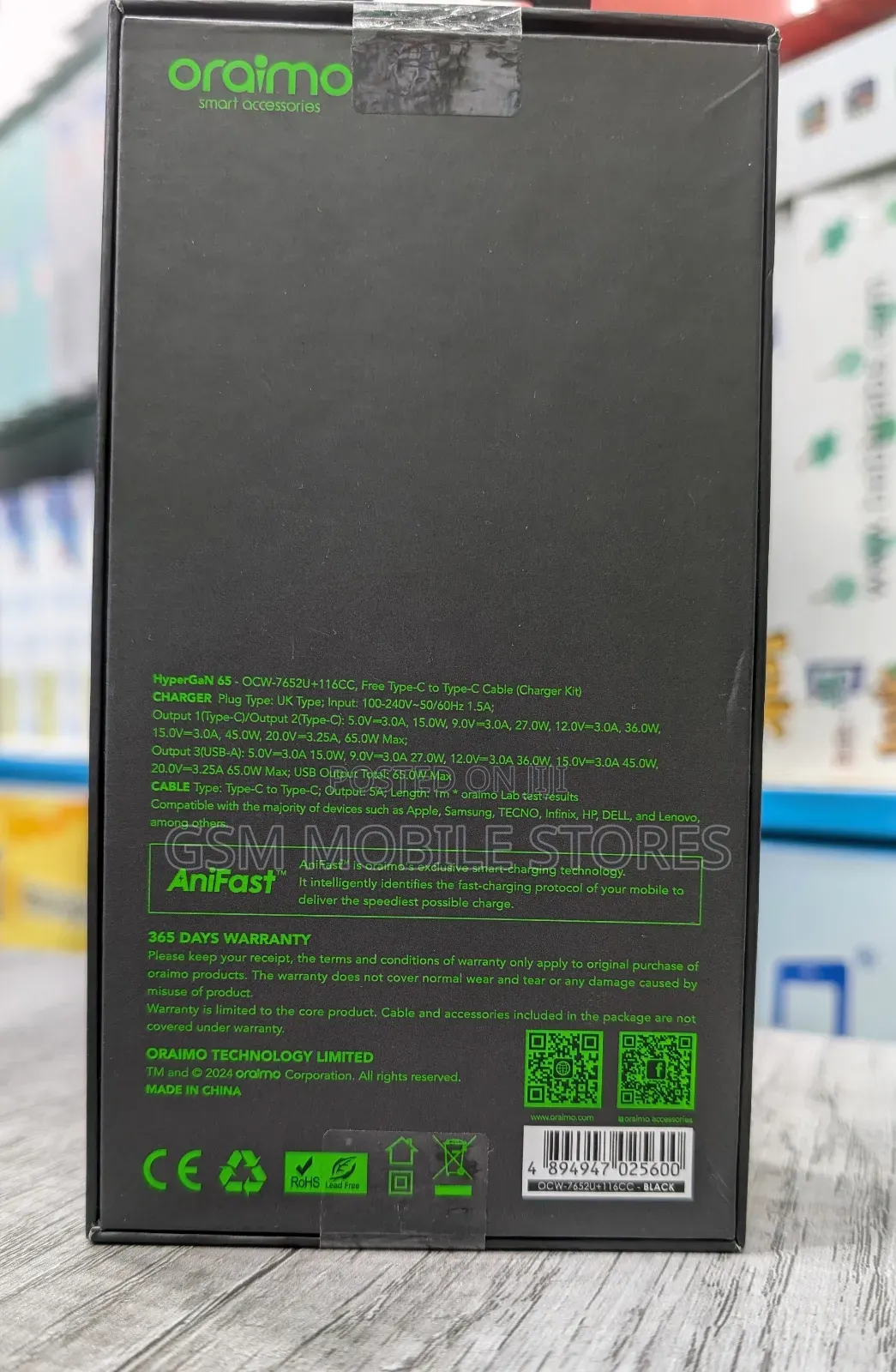 Oraimo Hypergan 65W Gan Wall Charger Kit With 100W CC Cable