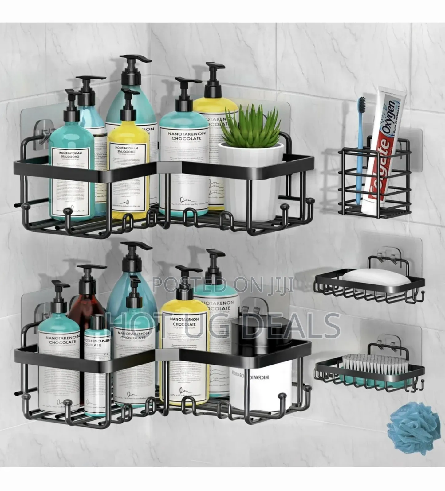 5pcs Bathroom Corner Shelves With Tile Stickers- Black