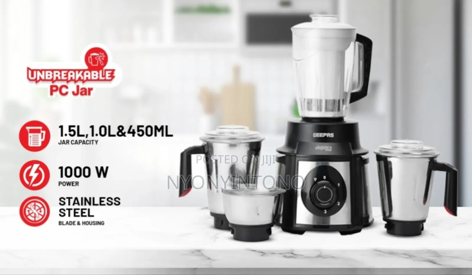 5 in 1 Geepas Blender With Stainless Steel Jars