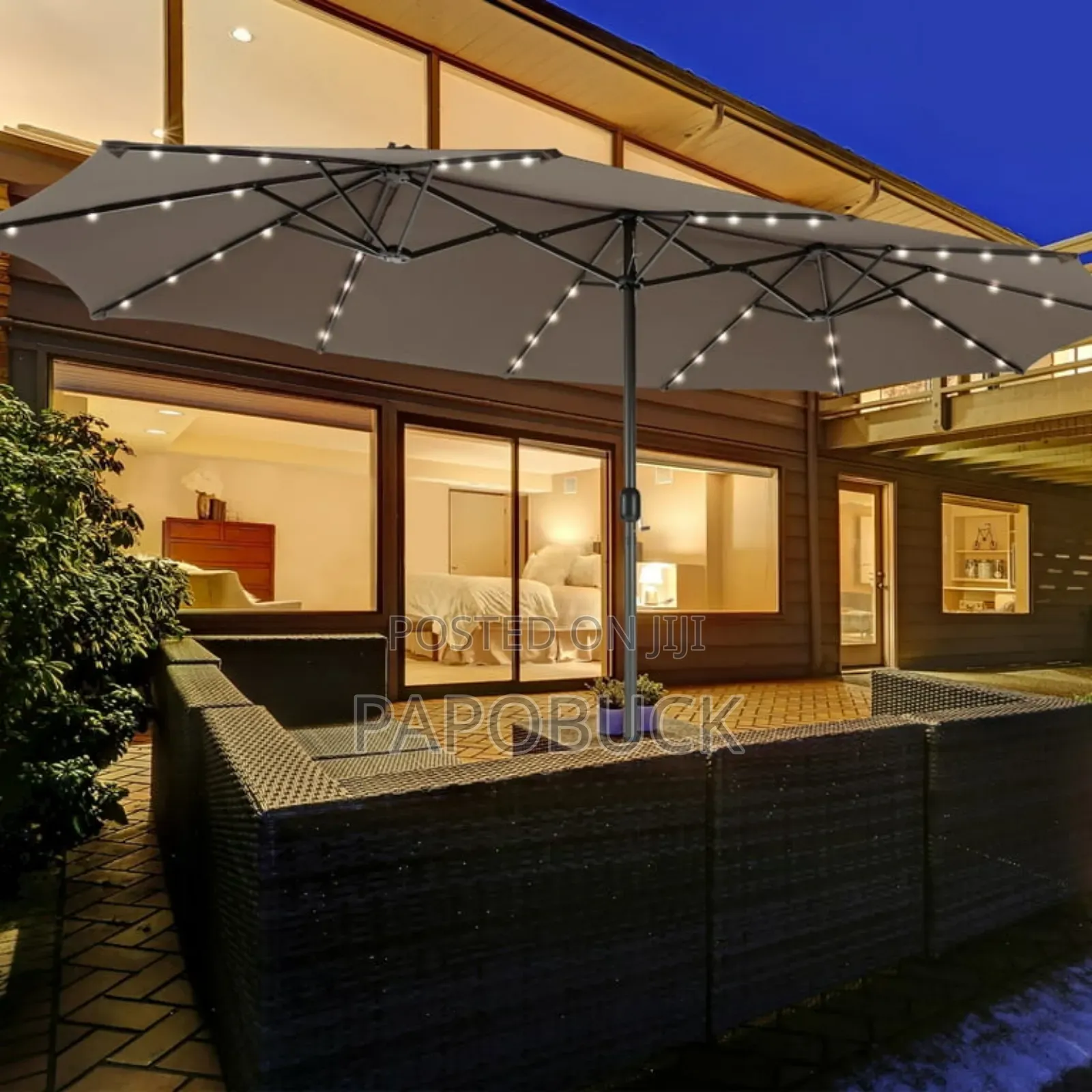 15FT Twin Patio Double-Sided Umbrella 48 Solar Lights