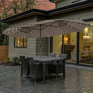 15FT Twin Patio Double-Sided Umbrella 48 Solar Lights