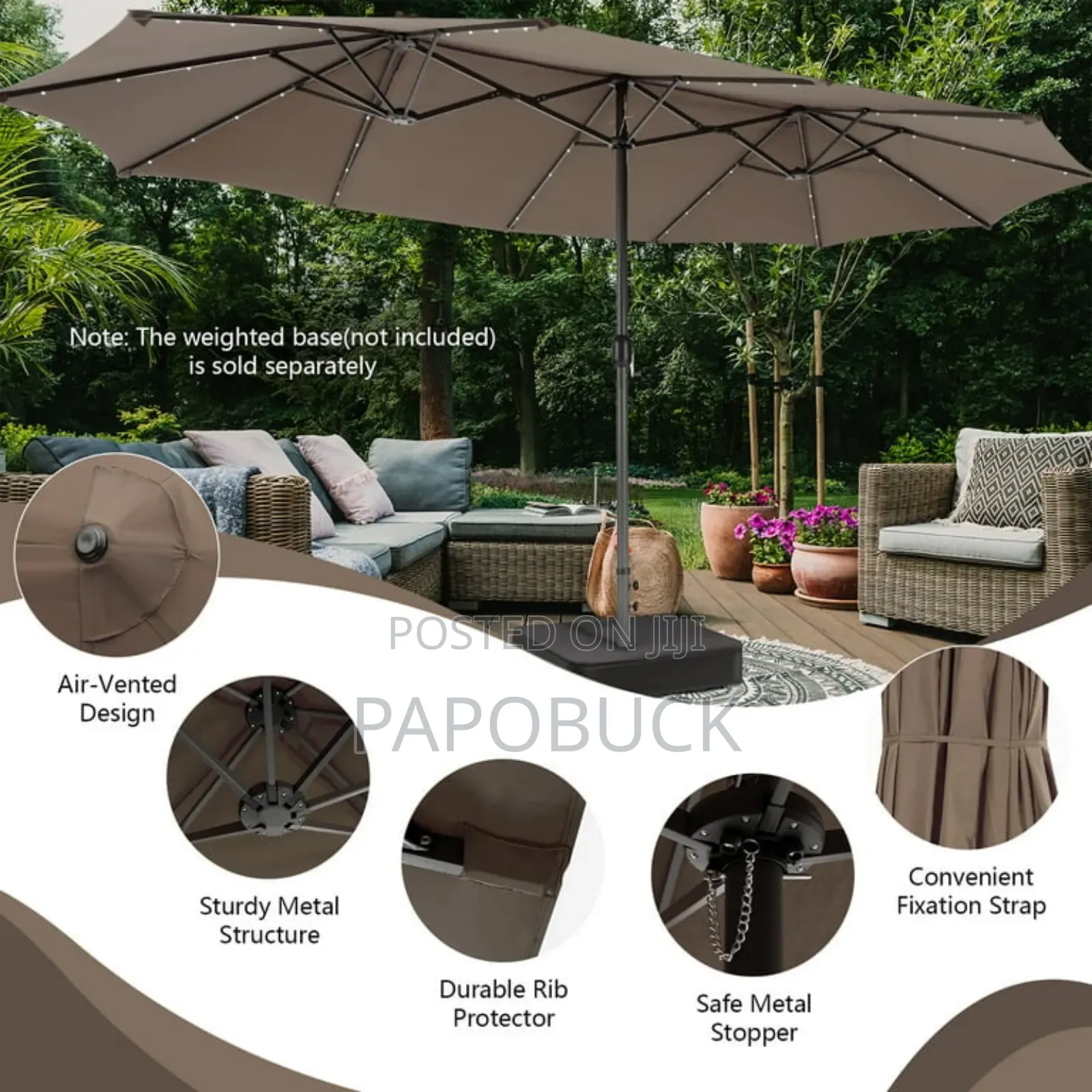 15FT Twin Patio Double-Sided Umbrella 48 Solar Lights
