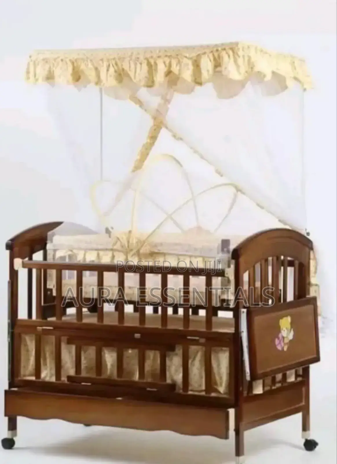 Brown With Yellow Wooden Baby Cot