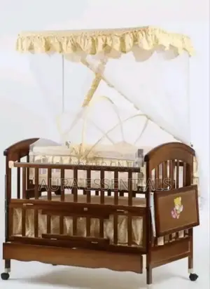 Brown With Yellow Wooden Baby Cot